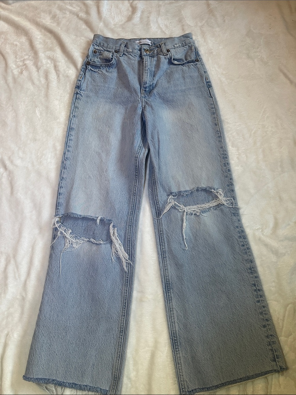 Zara Light Blue Ripped Wide-Leg Jeans
